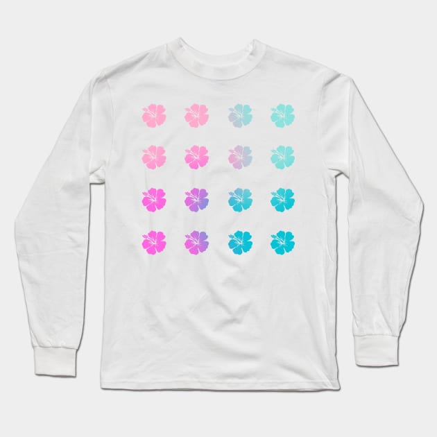 Back to School Teal and Fuchsia Gradient Hibiscus Flowers Long Sleeve T-Shirt by JuneNostalgia